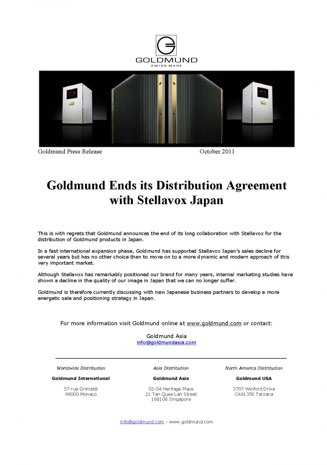 Goldmund Ends it Distribution Agreement with Stellavox Japan