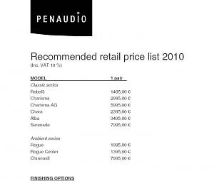 Penaudio 產地售價表 歐元 2010